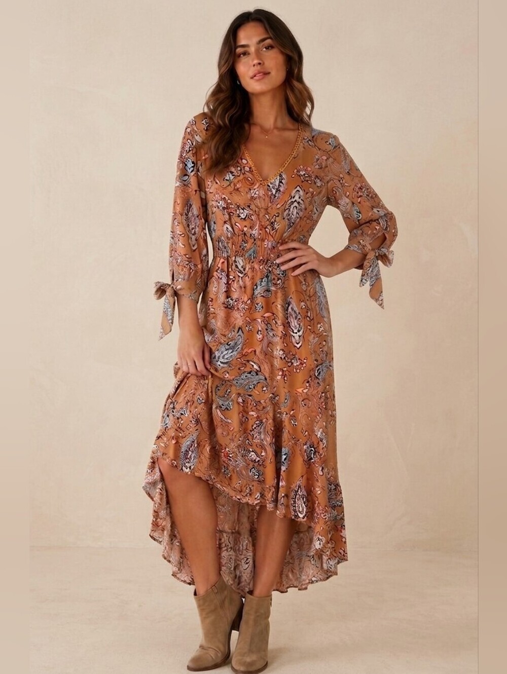Abel the Label Anthropplogie Brown Paisley Maxi Dress Boho 3/4 Tie Sleeve S